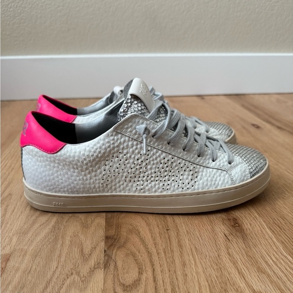 P448 John Lace-Up Low-Top Leather White Pink Silver Sneakers Size 42 / 11.5-12 - Picture 6 of 15